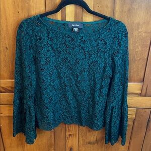 Karen Kane Hunter Green Lace Blouse with Ruffle Sleeves